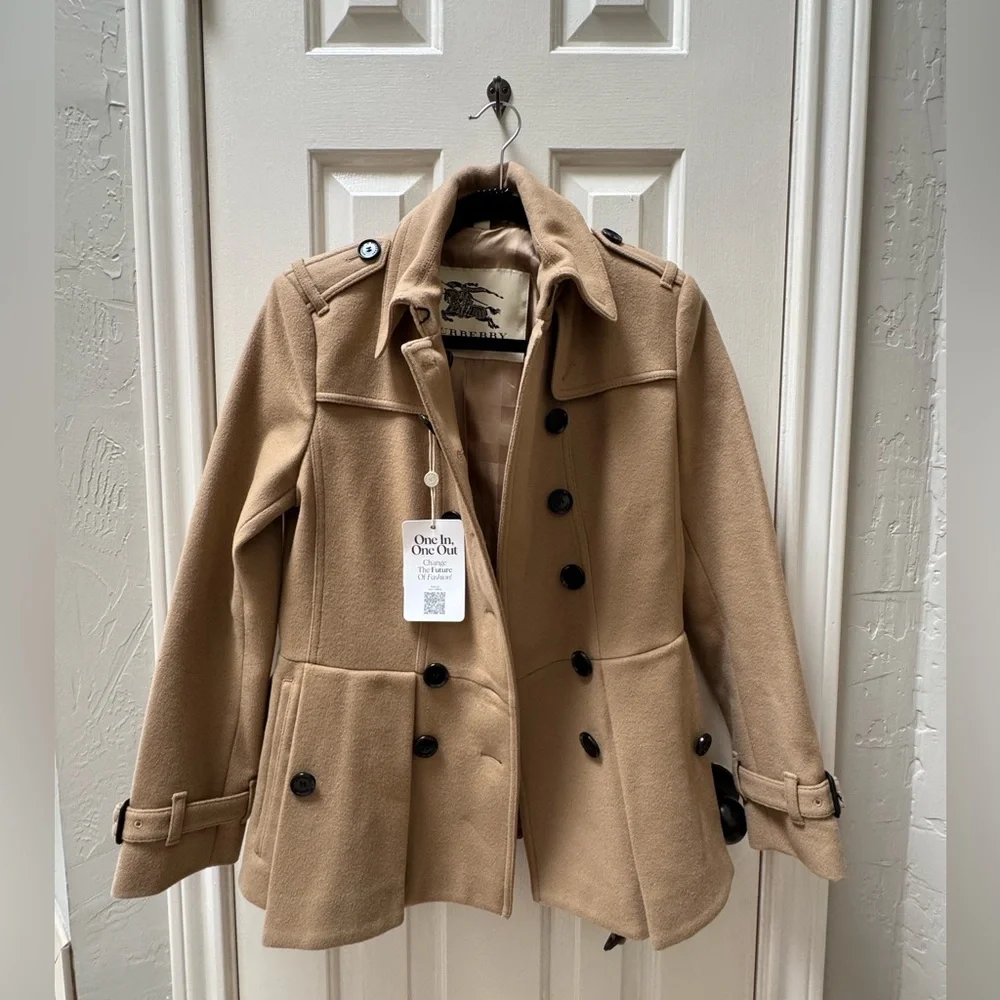 Burberry London Size US 8 Littleton Wool Cashmere Peplum Short Trench, Camel - Picture 4 of 15